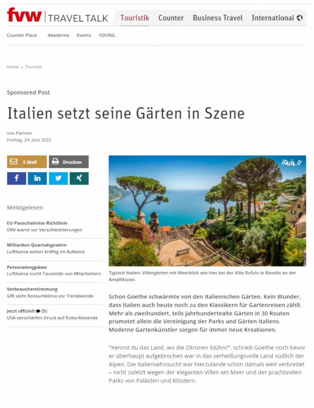 L'Italia fa da sfondo ai suoi giardini - fvw/Travel Talk - Francoforte